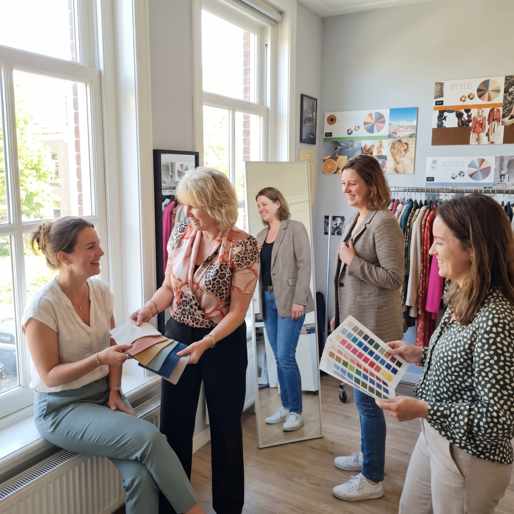 Ruth Coopman toont kleurstalen en stijlpalet aan professionals tijdens een masterclass-moment